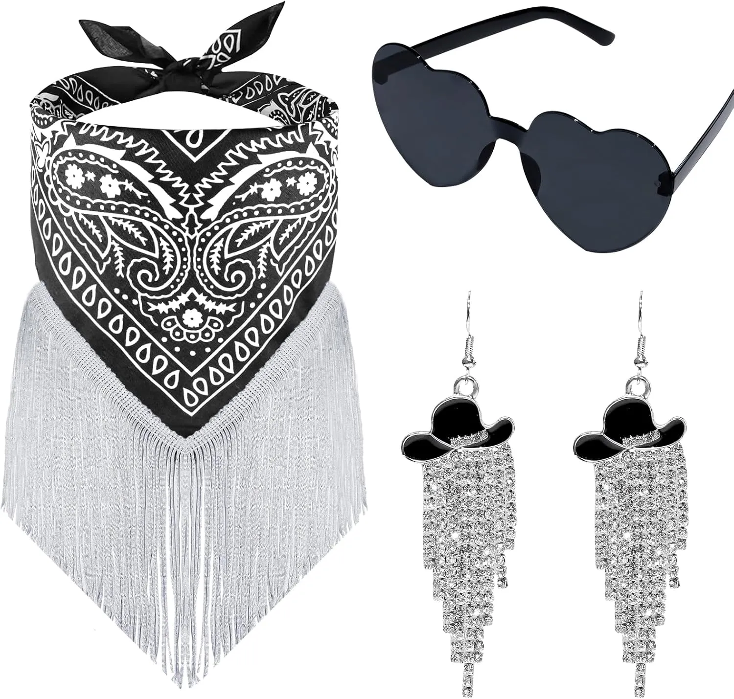3 Pcs Cowgirl Fringe Bandana with Heart Sunglasses & Western Cowgirl Hat Tassel Earrings for Women Party Costume