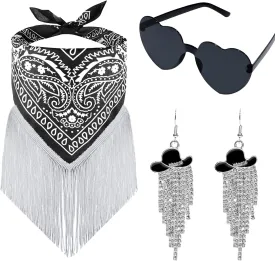 3 Pcs Cowgirl Fringe Bandana with Heart Sunglasses & Western Cowgirl Hat Tassel Earrings for Women Party Costume