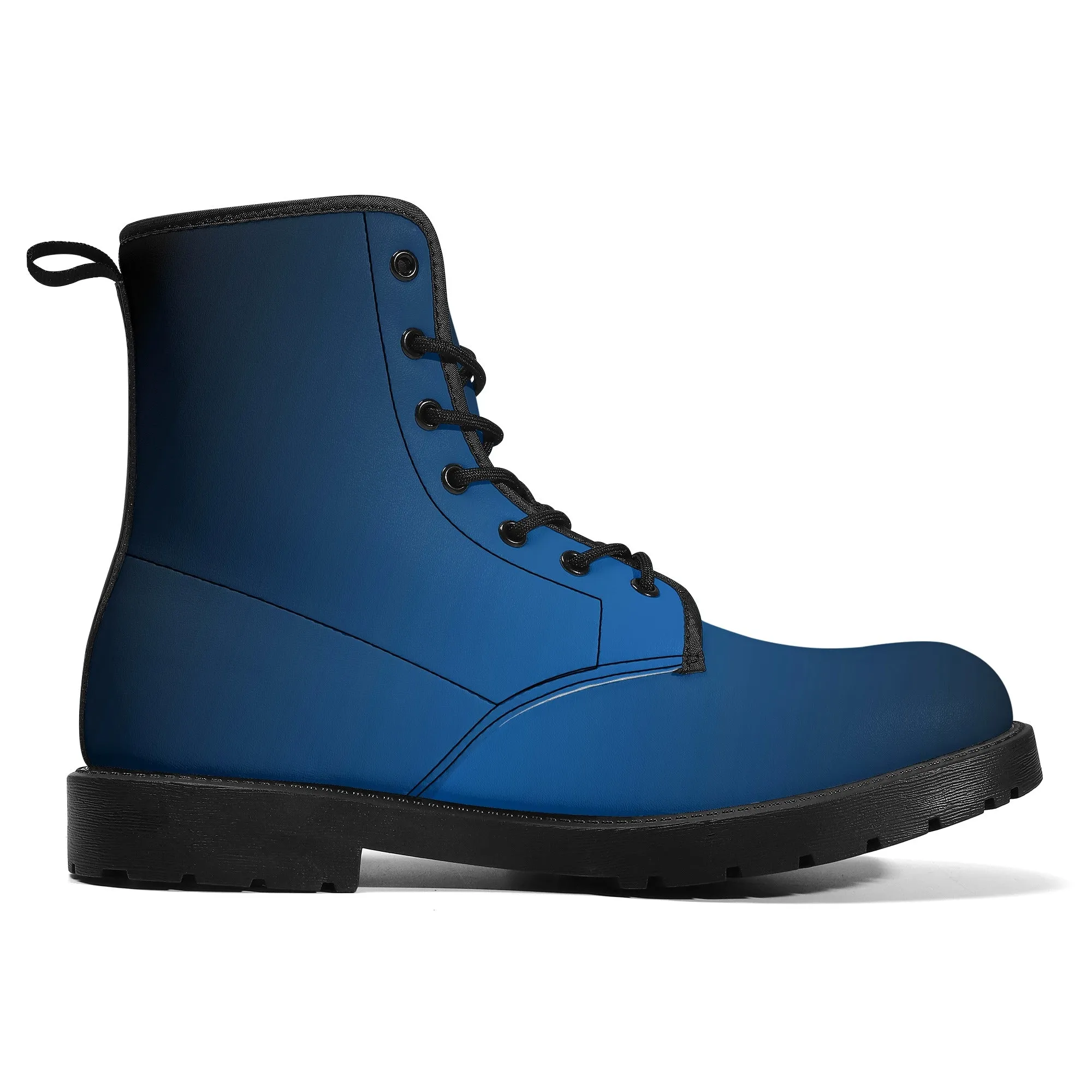 Black Blue Ombre Women Leather Boots, Gradient Lace Up Shoes Hiking Festival Black Ankle Combat Work Winter Casual Custom Gift