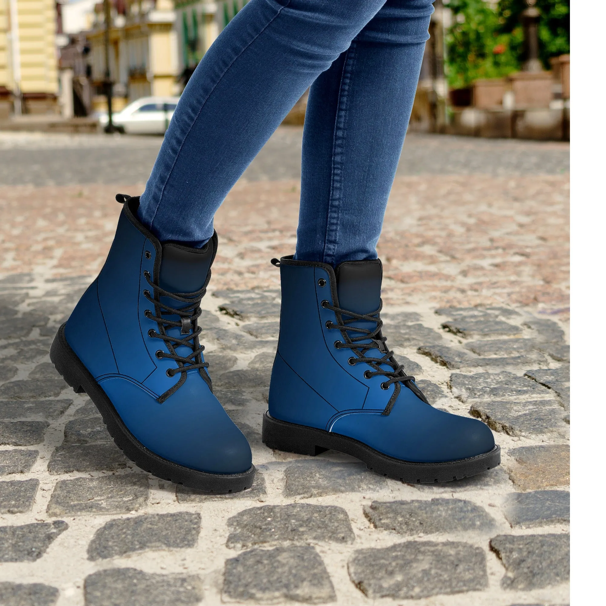 Black Blue Ombre Women Leather Boots, Gradient Lace Up Shoes Hiking Festival Black Ankle Combat Work Winter Casual Custom Gift