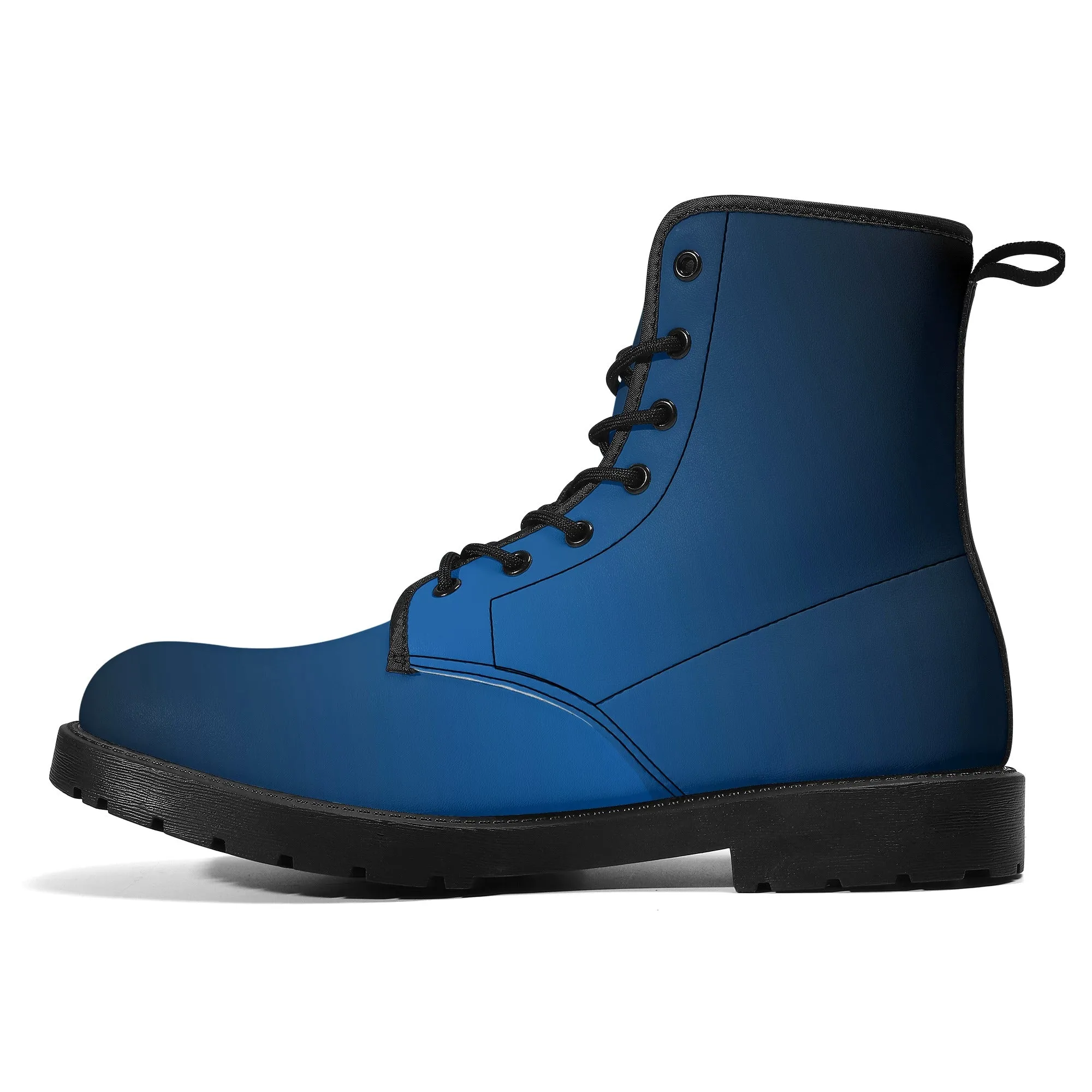 Black Blue Ombre Women Leather Boots, Gradient Lace Up Shoes Hiking Festival Black Ankle Combat Work Winter Casual Custom Gift