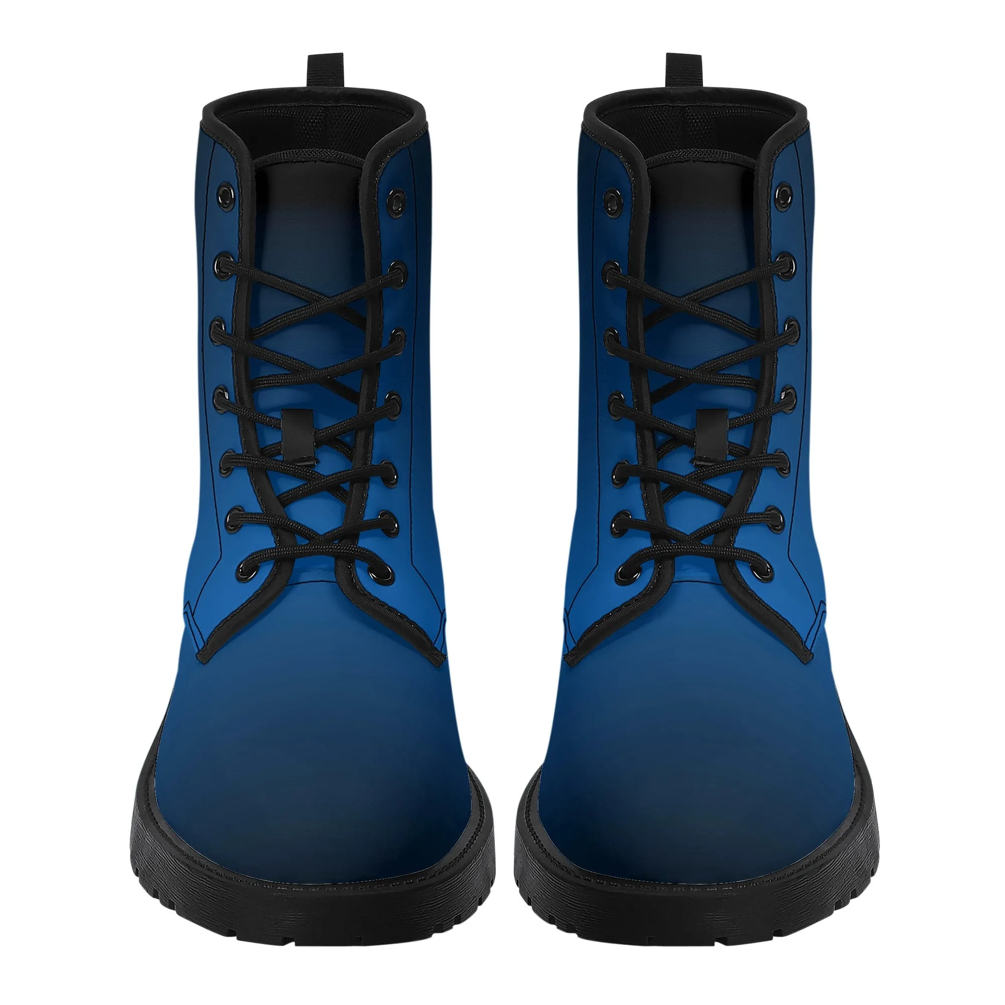Black Blue Ombre Women Leather Boots, Gradient Lace Up Shoes Hiking Festival Black Ankle Combat Work Winter Casual Custom Gift