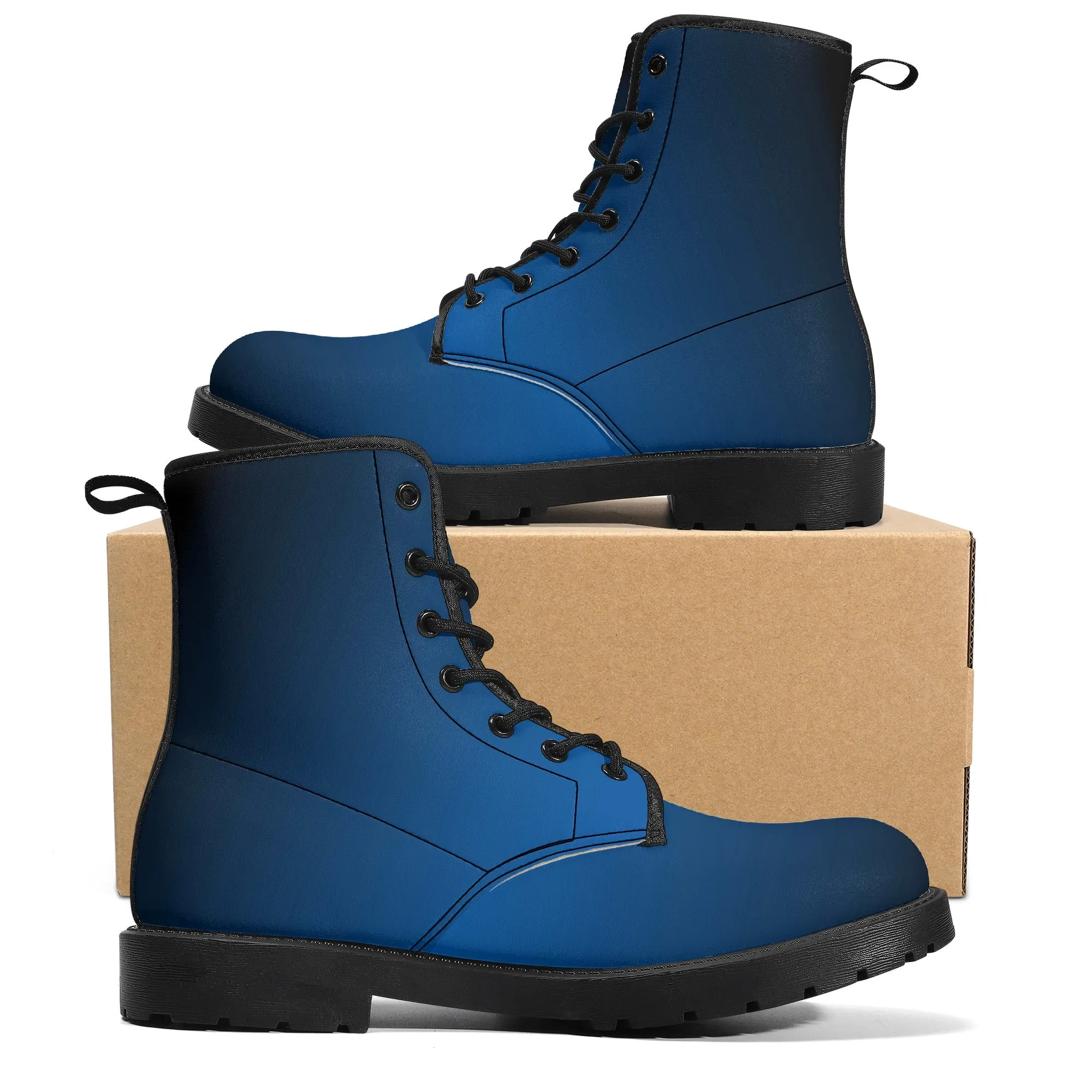 Black Blue Ombre Women Leather Boots, Gradient Lace Up Shoes Hiking Festival Black Ankle Combat Work Winter Casual Custom Gift