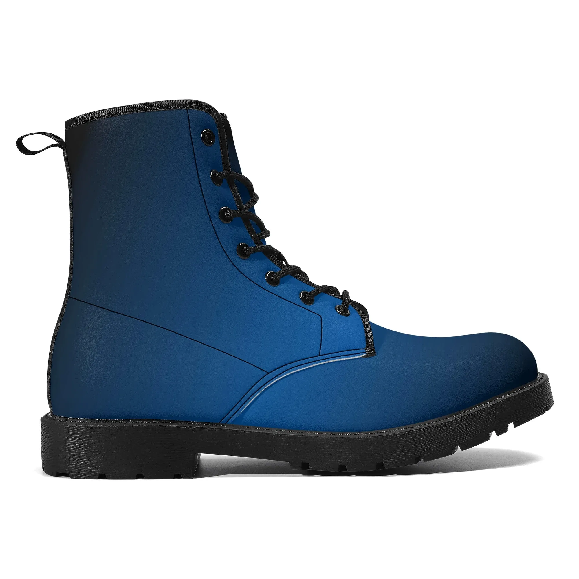 Black Blue Ombre Women Leather Boots, Gradient Lace Up Shoes Hiking Festival Black Ankle Combat Work Winter Casual Custom Gift