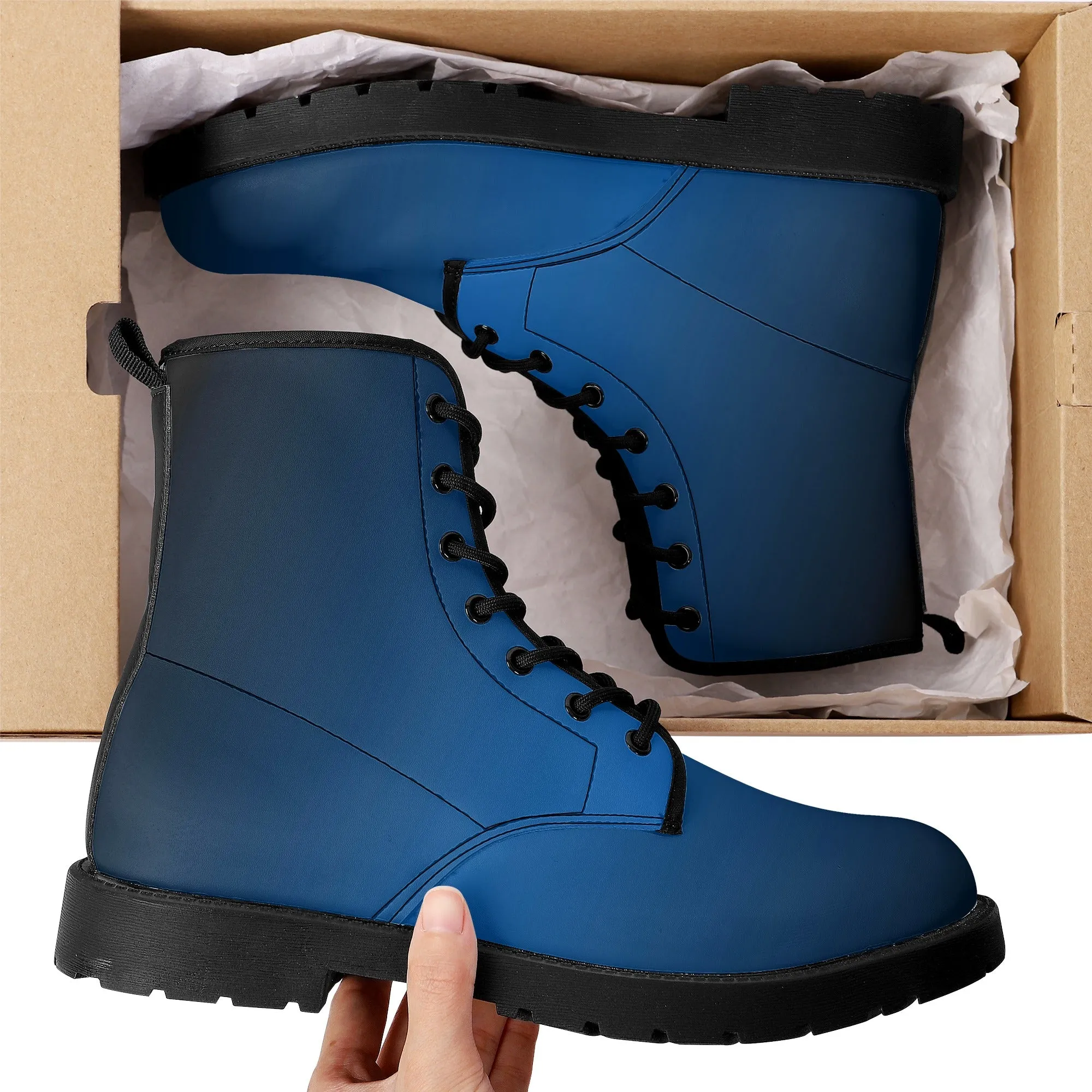 Black Blue Ombre Women Leather Boots, Gradient Lace Up Shoes Hiking Festival Black Ankle Combat Work Winter Casual Custom Gift