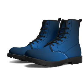 Black Blue Ombre Women Leather Boots, Gradient Lace Up Shoes Hiking Festival Black Ankle Combat Work Winter Casual Custom Gift
