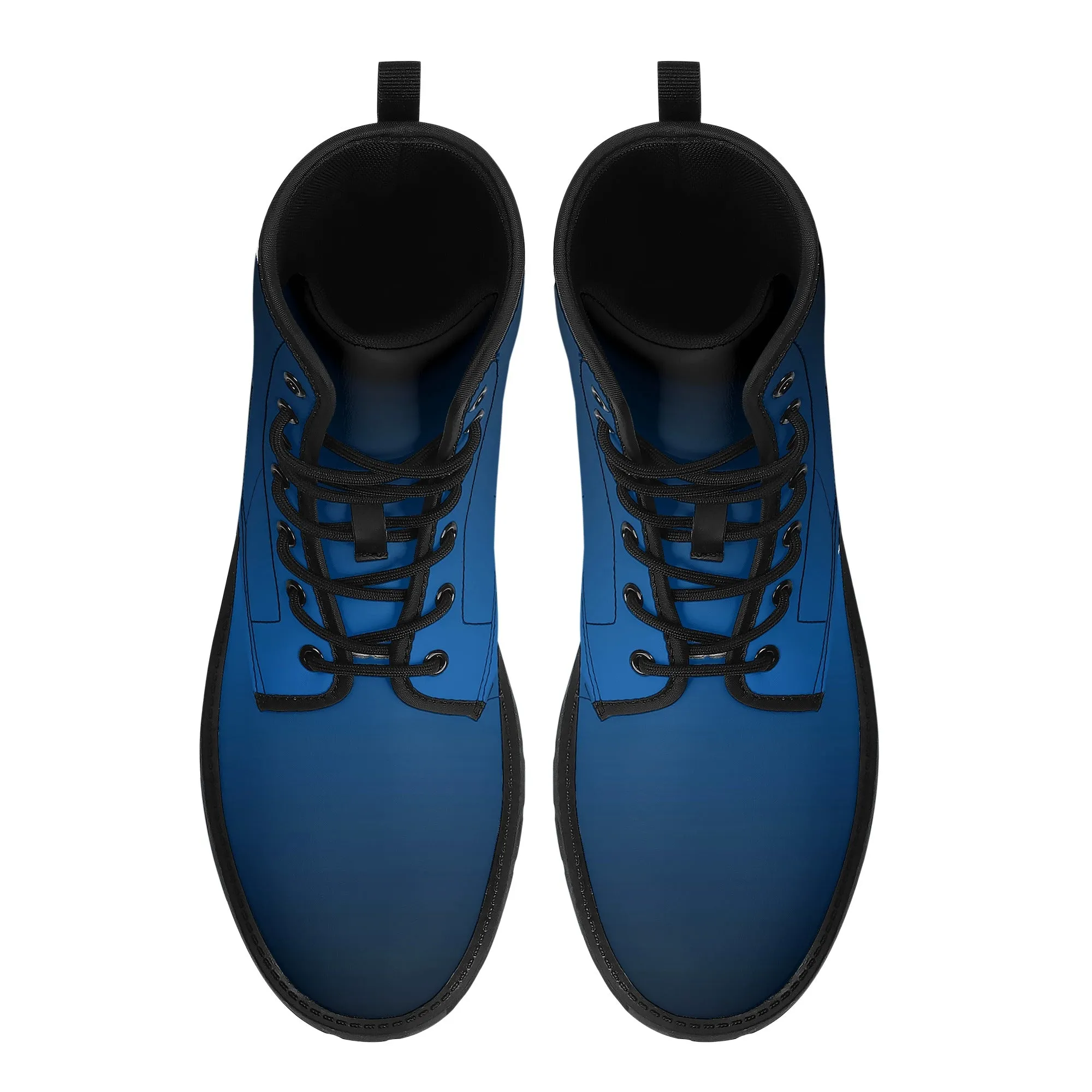 Black Blue Ombre Women Leather Boots, Gradient Lace Up Shoes Hiking Festival Black Ankle Combat Work Winter Casual Custom Gift