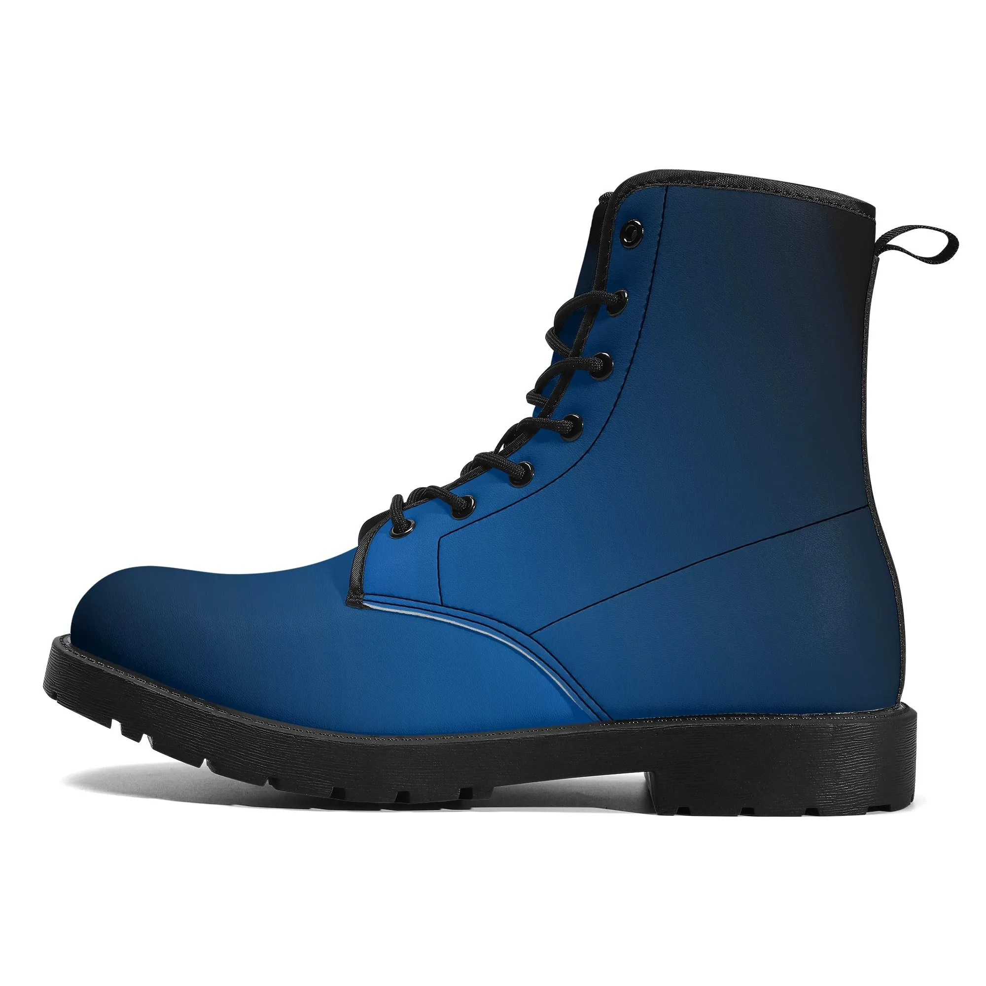 Black Blue Ombre Women Leather Boots, Gradient Lace Up Shoes Hiking Festival Black Ankle Combat Work Winter Casual Custom Gift