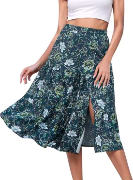 Boho Long Skirts for Women Flowy Summer Elastic Waist Skirt with Slit Midi Length Casual Skirt for Beach