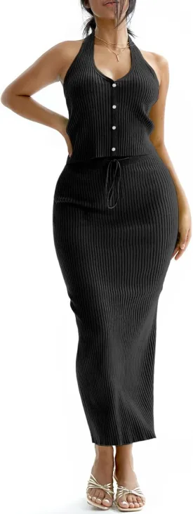 CHERFLY Womens 2 Piece Outfits 2025 Summer Sweater Skirt Sets Halter Top Midi Bodycon Dress