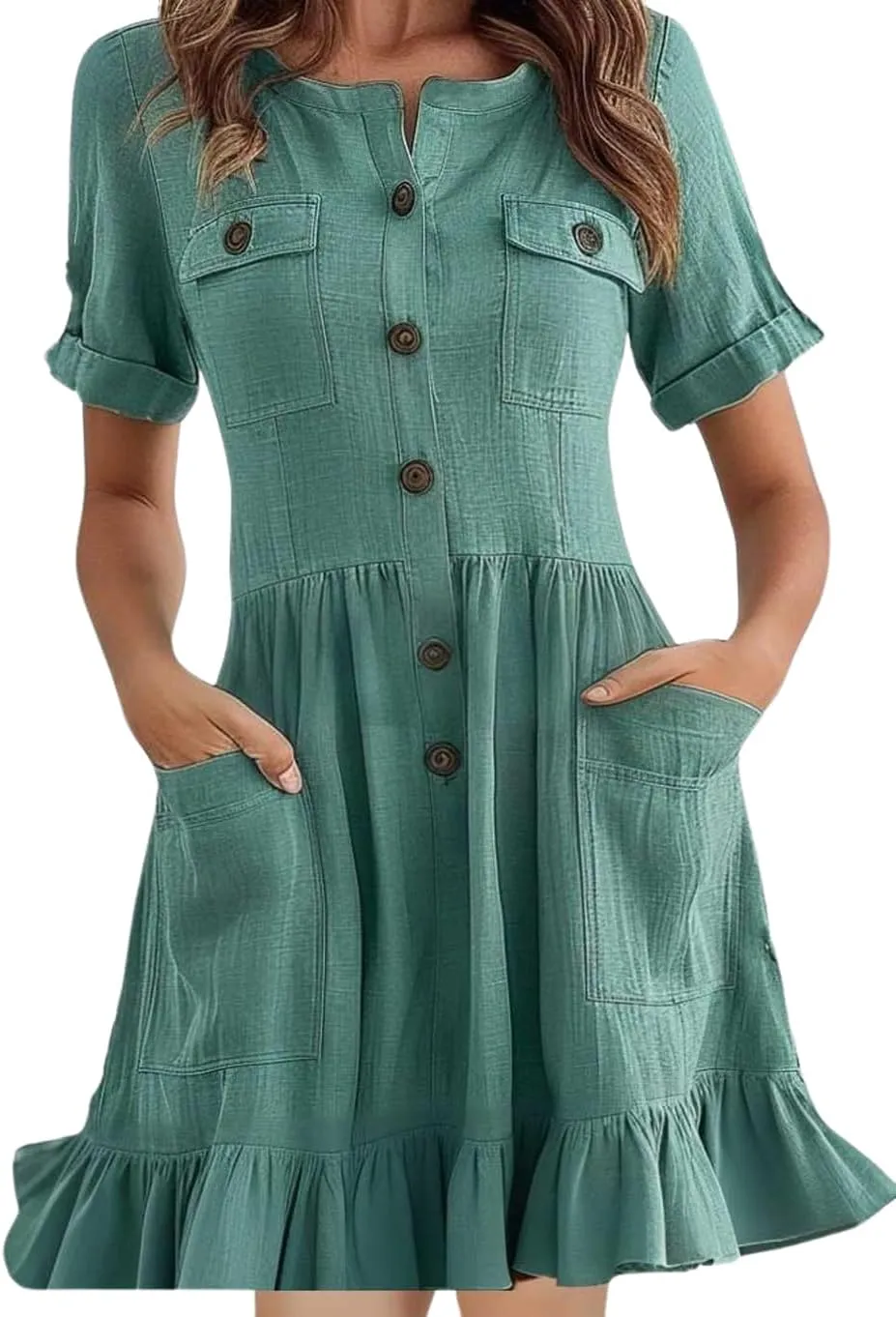 chouyatou Women's Summer Short Sleeve Ruffle Linen Dress Utility Button Down A-Line Casual Beach Dress