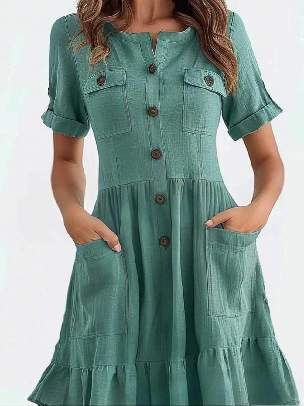 chouyatou Women's Summer Short Sleeve Ruffle Linen Dress Utility Button Down A-Line Casual Beach Dress