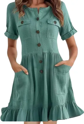 chouyatou Women's Summer Short Sleeve Ruffle Linen Dress Utility Button Down A-Line Casual Beach Dress