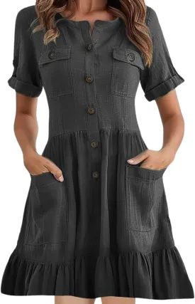 chouyatou Women's Summer Short Sleeve Ruffle Linen Dress Utility Button Down A-Line Casual Beach Dress