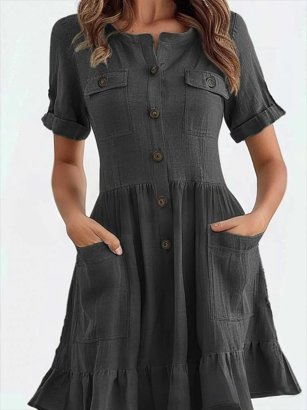 chouyatou Women's Summer Short Sleeve Ruffle Linen Dress Utility Button Down A-Line Casual Beach Dress