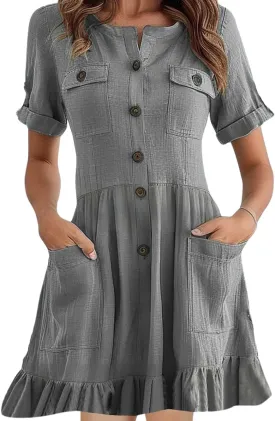 chouyatou Women's Summer Short Sleeve Ruffle Linen Dress Utility Button Down A-Line Casual Beach Dress