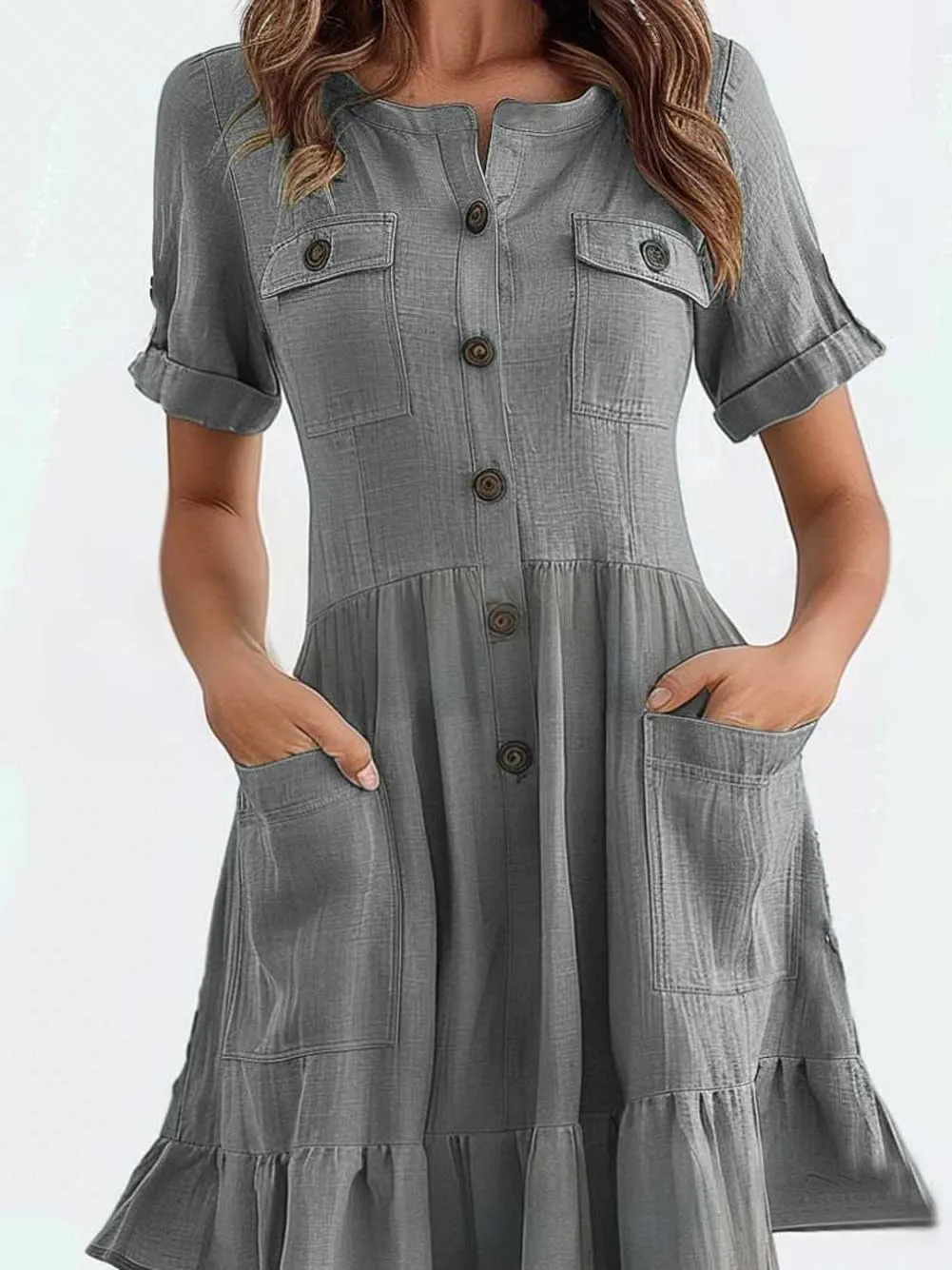chouyatou Women's Summer Short Sleeve Ruffle Linen Dress Utility Button Down A-Line Casual Beach Dress