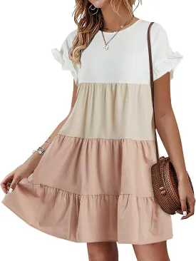 Chuanqi Womens Ruffles Boho Floral Printed Babydoll Loose Swing Casual Short Mini T-Shirt Dress