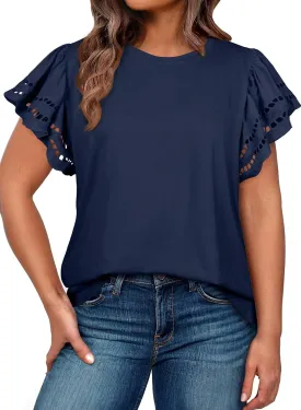 Eytino Womens Plus Size Tops Short Sleeve Round Neck Hollow Out Casual Loose Tunic Tees Shirts(1X-5X)