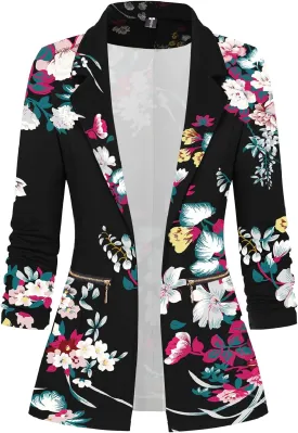 Genhoo Women's Long Sleeve Blazer Open Front Cardigan Jacket Work Office Blazer with Zipper Pockets S-3XL