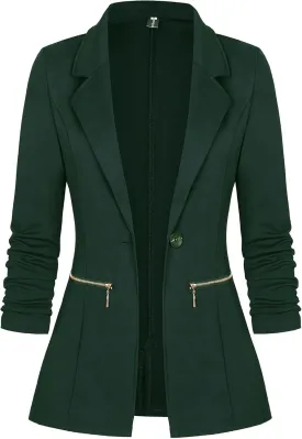 Genhoo Women's Long Sleeve Blazer Open Front Cardigan Jacket Work Office Blazer with Zipper Pockets S-3XL