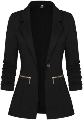 Genhoo Women's Long Sleeve Blazer Open Front Cardigan Jacket Work Office Blazer with Zipper Pockets S-3XL