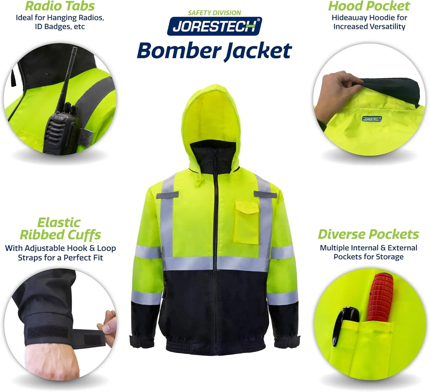 JORESTECH Safety Two Balaclava One Bomber Jacket Waterproof Reflective High Visibility Yellow/Lime ANSI