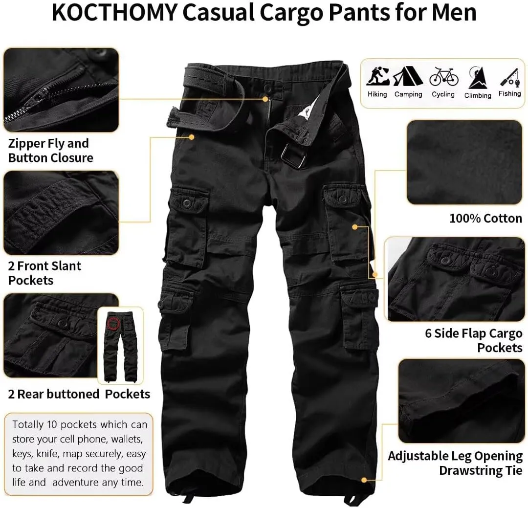 KOCTHOMY Casual Cargo Pants for Men Tactical Baggy Cotton Work Pants with Multi Pockets No Belt