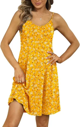 Ladmous Women Spaghetti Strap Summer Dress Floral Sundresses Beach Cover Up Dresses with Pockets