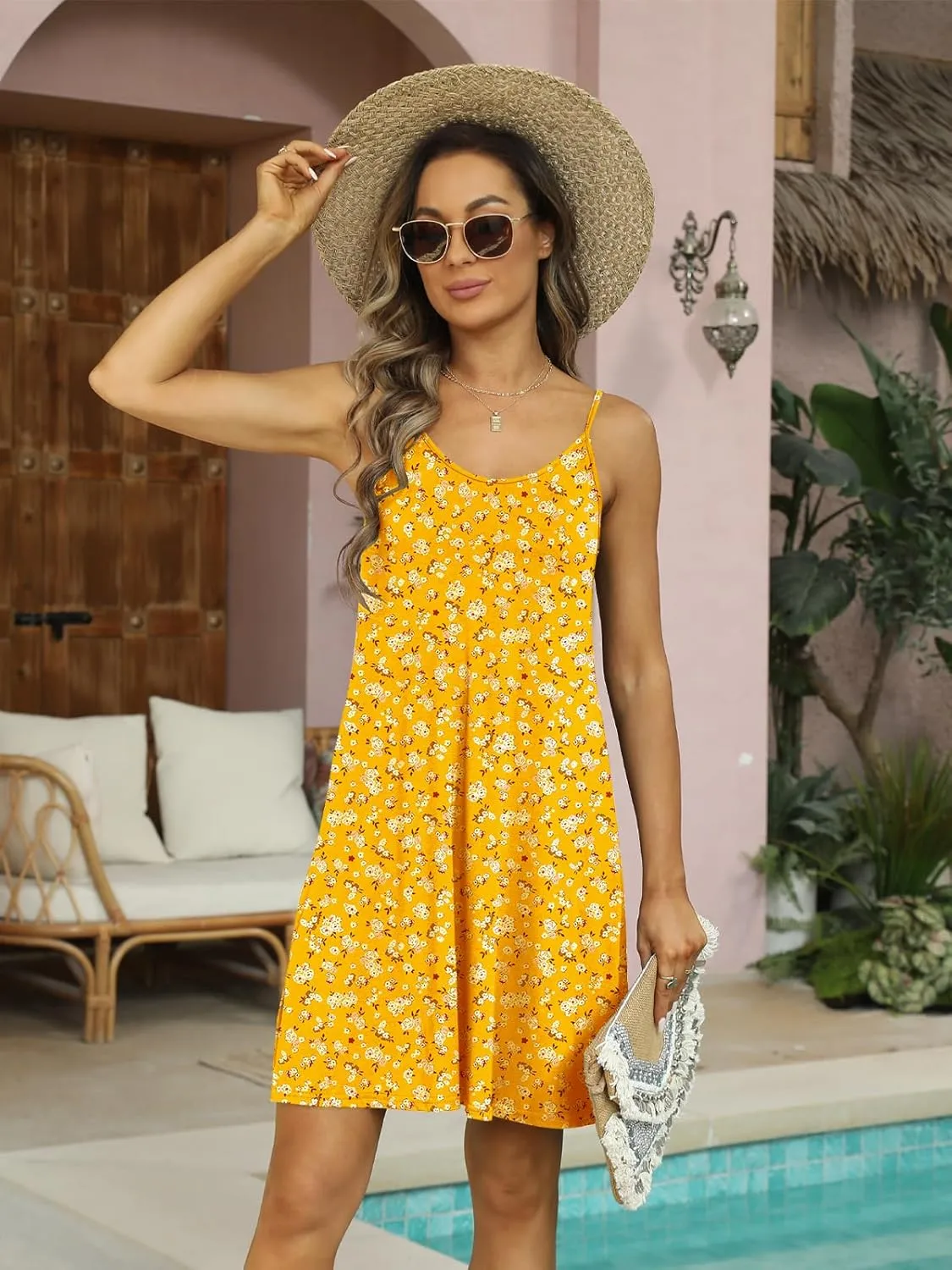 Ladmous Women Spaghetti Strap Summer Dress Floral Sundresses Beach Cover Up Dresses with Pockets