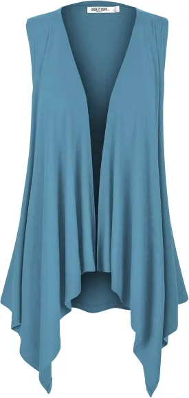 Lock and Love Women's Sleeveless Print/Solid Draped Open Front Cardigan Vest Asymmetric Hem Plus Size