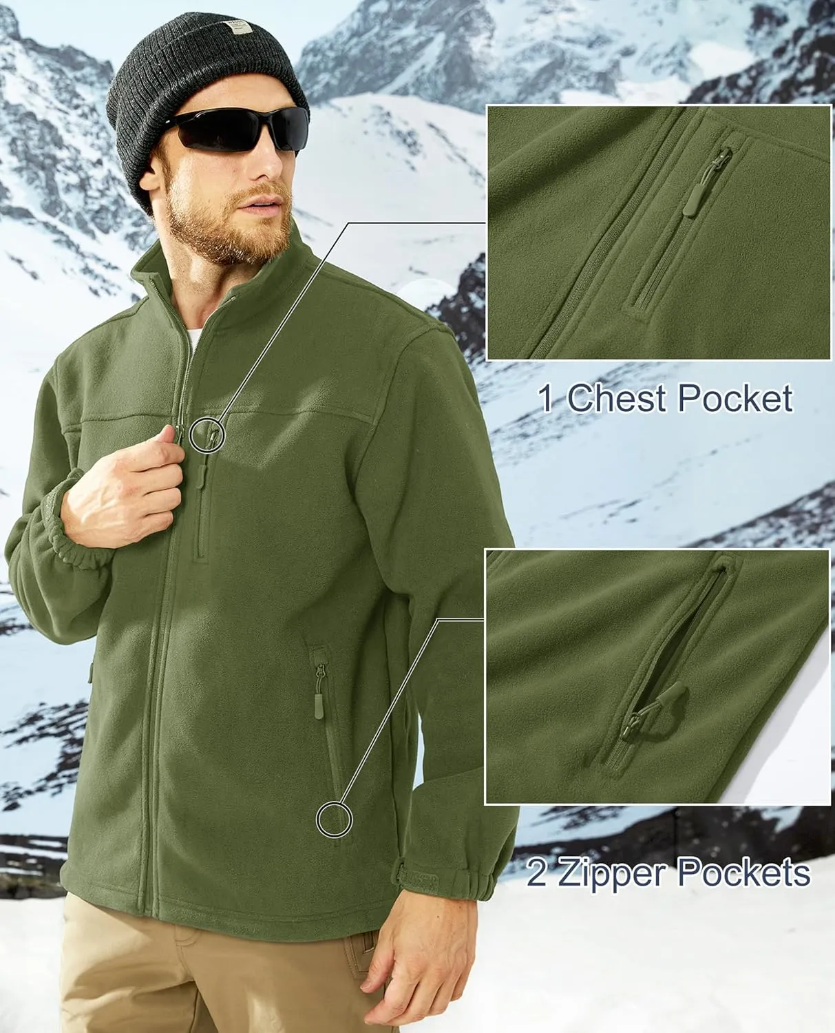 MAGCOMSEN Men's Winter Zip Up Polar Fleece Jacket Athletic Tactical Hiking Outdoor Jackets with 3 Pockets