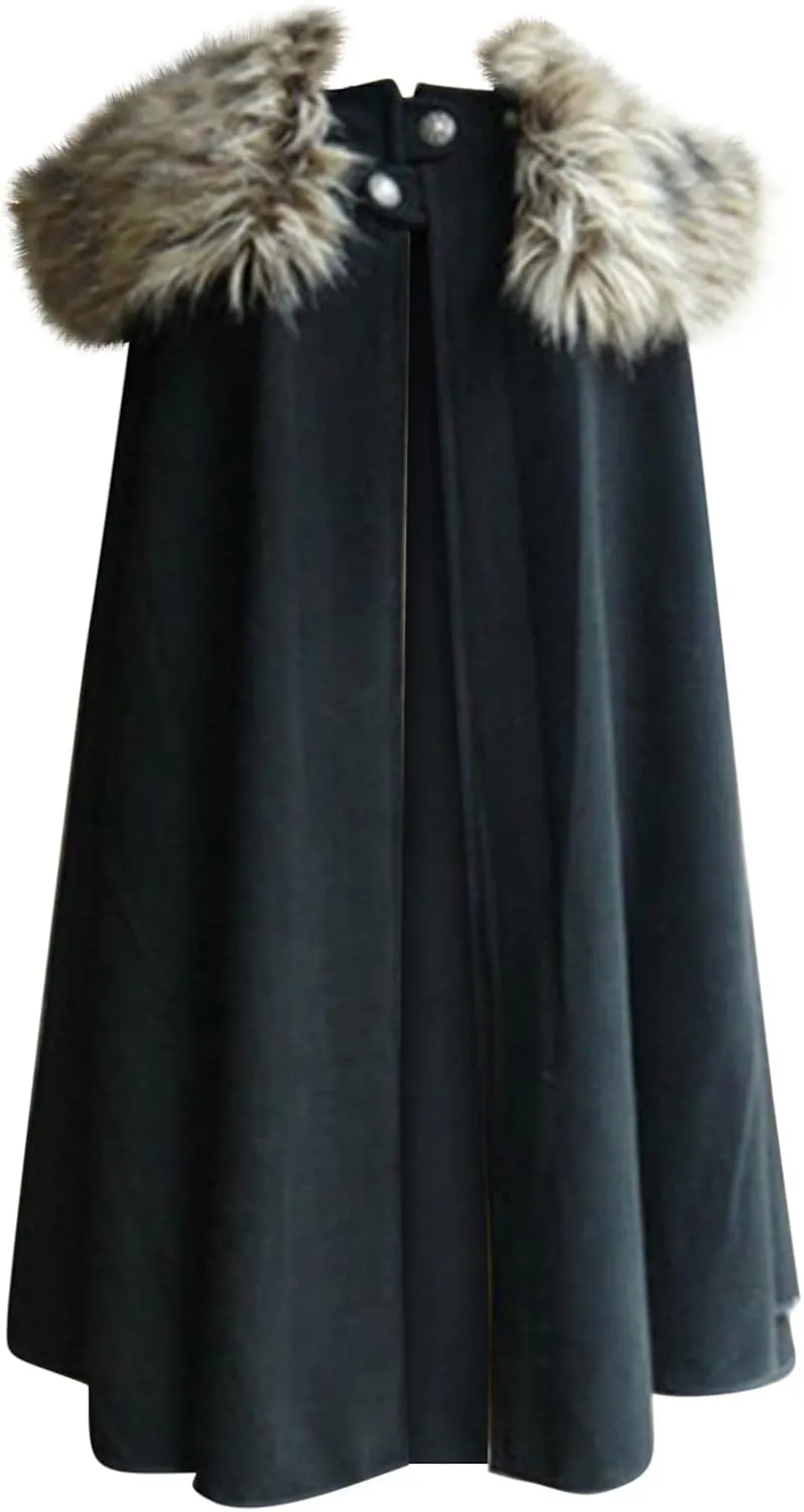 Mens Cloak Coat Winter Warm Gothic Wool Faux Fur Collar Long Cape Cloak Vintage Medieval Renaissance King Cape