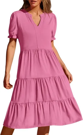 MEROKEETY Women's 2025 Summer Casual Short Puff Sleeve Midi Dress V Neck Flowy Tiered Swing A Line Beach Vacation Sundresses
