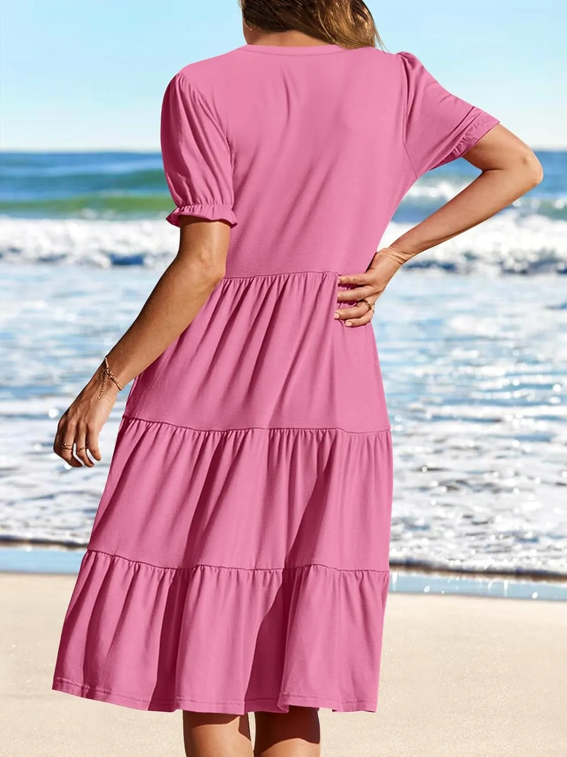 MEROKEETY Women's 2025 Summer Casual Short Puff Sleeve Midi Dress V Neck Flowy Tiered Swing A Line Beach Vacation Sundresses