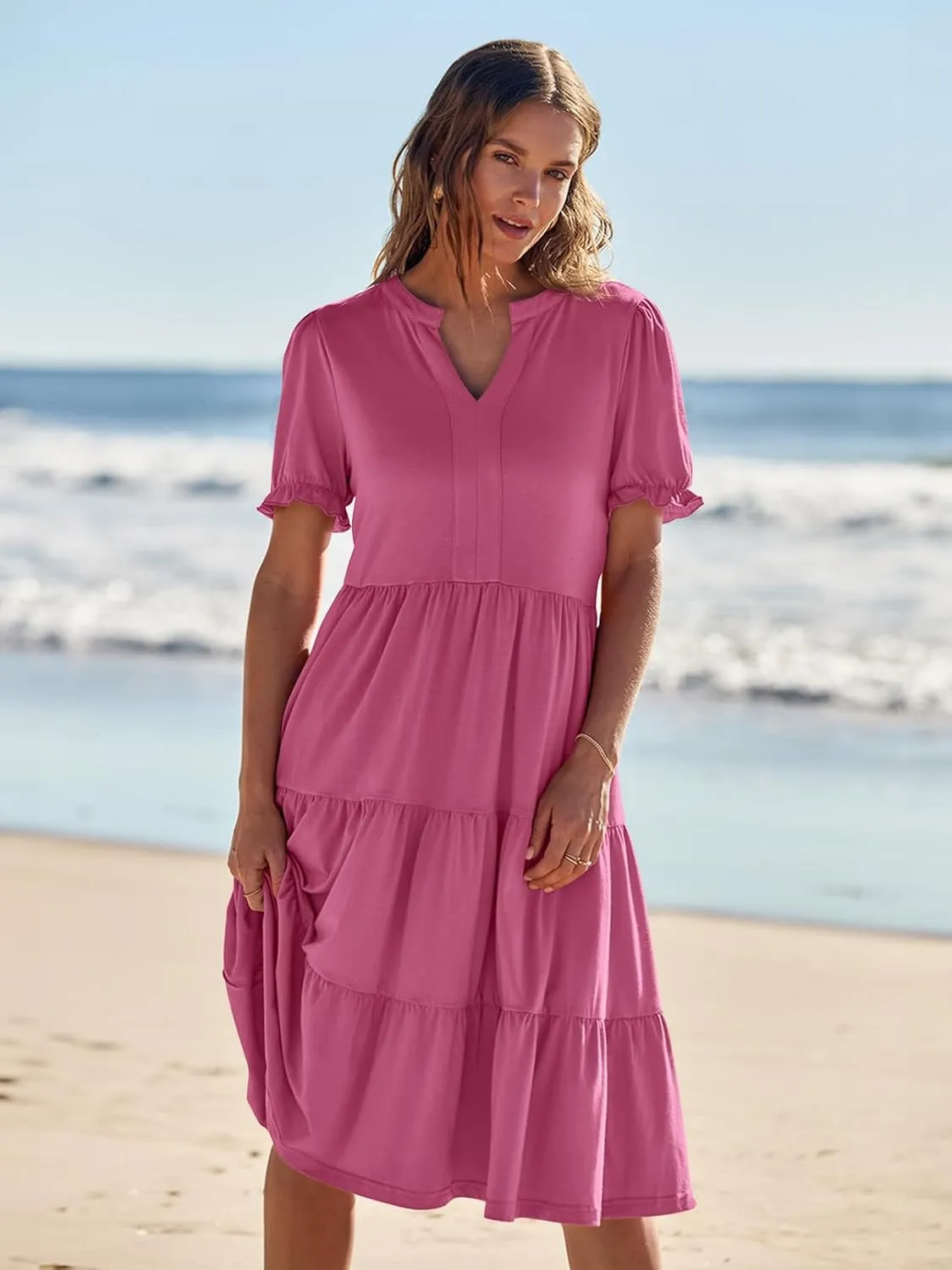 MEROKEETY Women's 2025 Summer Casual Short Puff Sleeve Midi Dress V Neck Flowy Tiered Swing A Line Beach Vacation Sundresses