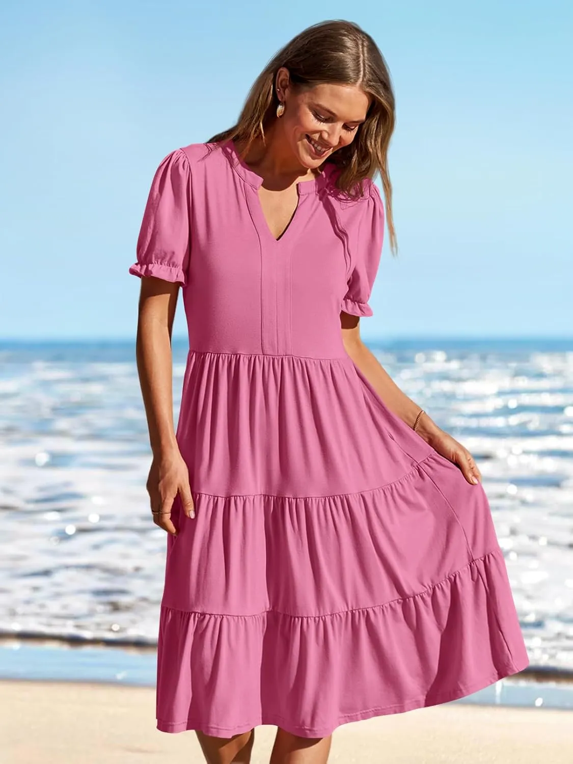 MEROKEETY Women's 2025 Summer Casual Short Puff Sleeve Midi Dress V Neck Flowy Tiered Swing A Line Beach Vacation Sundresses