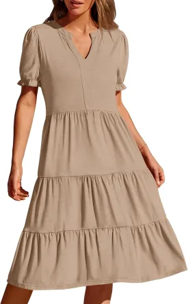 MEROKEETY Women's 2025 Summer Casual Short Puff Sleeve Midi Dress V Neck Flowy Tiered Swing A Line Beach Vacation Sundresses