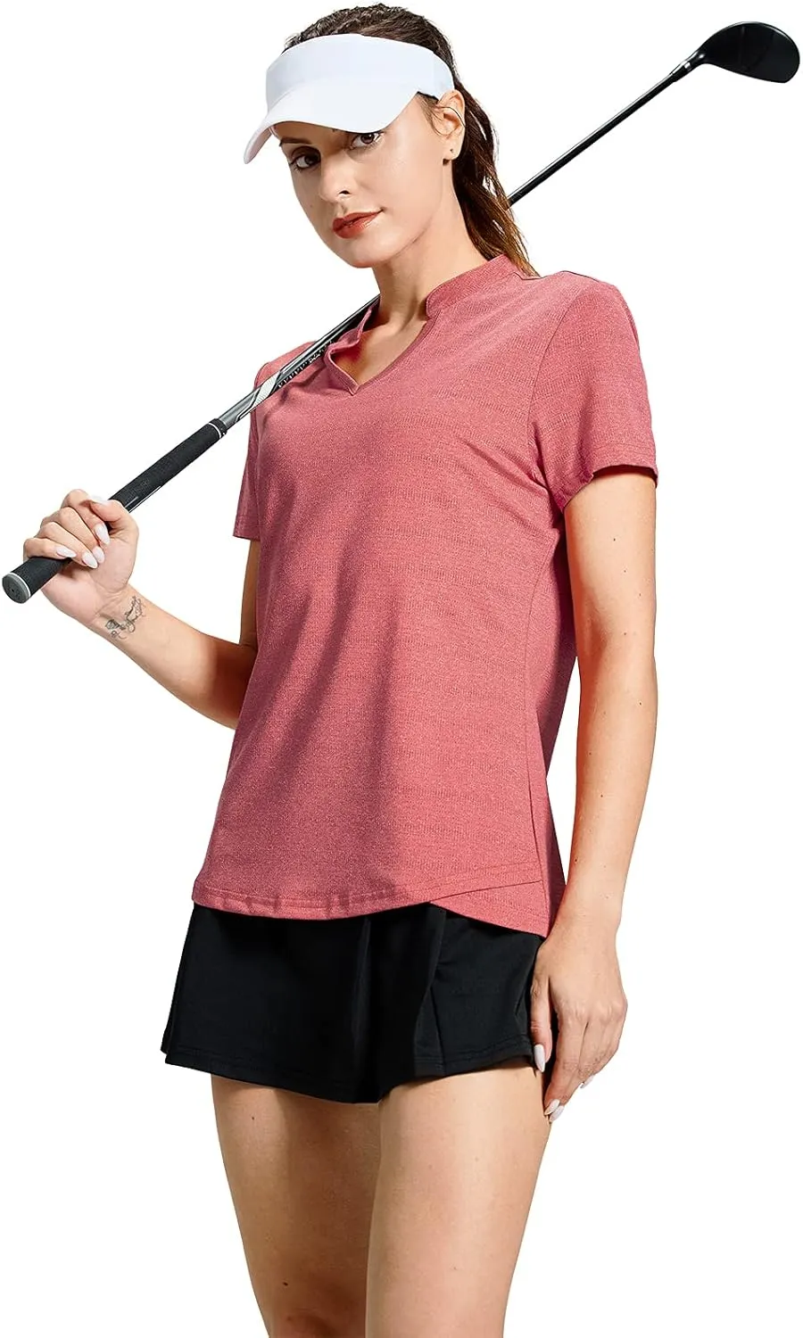 MIER Women's Golf Polo Shirts Collarless Short Sleeve Tennis Running T-Shirts V-Neck Cooling Summer Tee