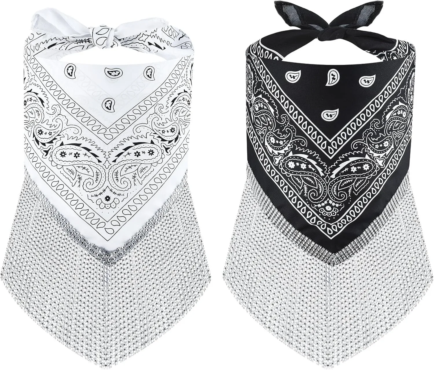Rhinestone Bandana, 2Pcs Disco Cowgirl Bandana, Black and White Western Bachelorette Bandanas with Rhinestone Fringe Sparkly Fringed Rhinestone Bandana for Women