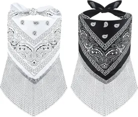 Rhinestone Bandana, 2Pcs Disco Cowgirl Bandana, Black and White Western Bachelorette Bandanas with Rhinestone Fringe Sparkly Fringed Rhinestone Bandana for Women
