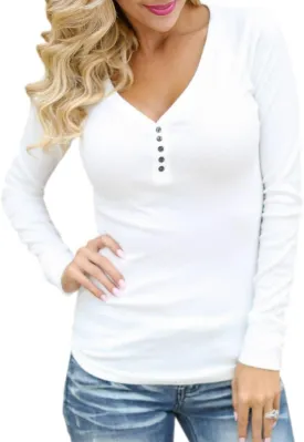 Roselux Women's Long Sleeve Fitted T-Shirts V Neck Knit Ribbed Henley Shirt Tops