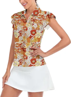 Soneven Womens Petal Sleeve Golf Shirts Moisture Wicking Lady Golf Apparel Print Tennis Sport T Shirt