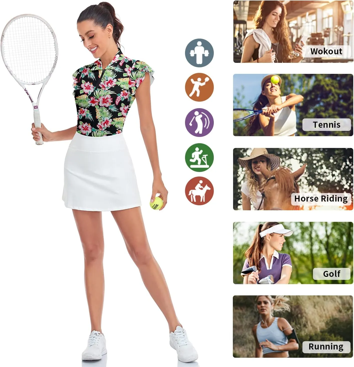 Soneven Womens Petal Sleeve Golf Shirts Moisture Wicking Lady Golf Apparel Print Tennis Sport T Shirt