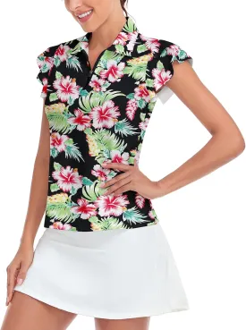 Soneven Womens Petal Sleeve Golf Shirts Moisture Wicking Lady Golf Apparel Print Tennis Sport T Shirt