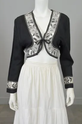 Vintage Black Linen Embroidered Appliqué Trim Crop Bolero