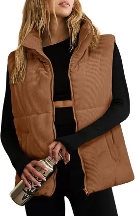 Women Quilted Puffer Vest Corduroy Sleeveless Jacket Zip Up Stand collar Lightweight Outerwear with Pocket 2025 Trendy