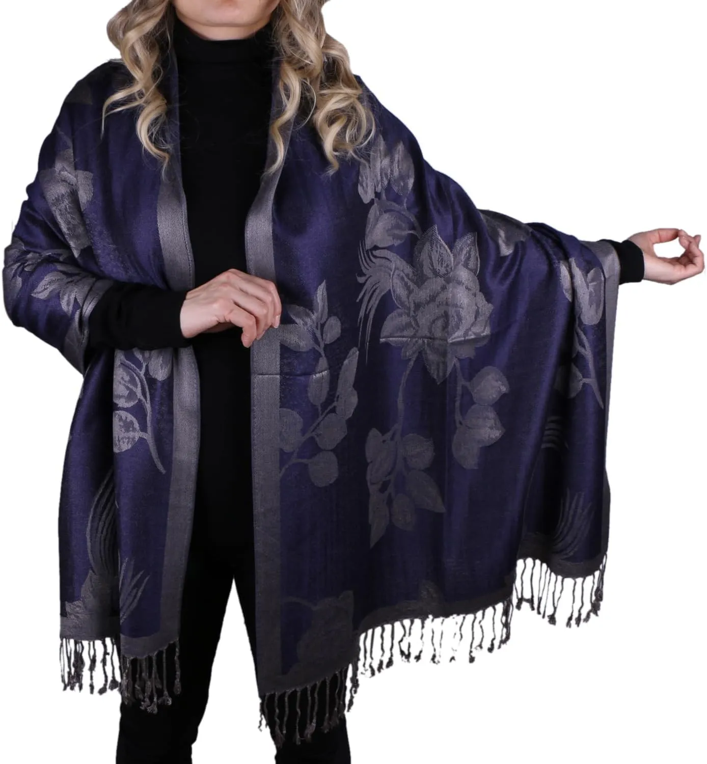 Women Soft Silky Pashmina Reversible Floral Rose Shawl Wrap Scarf w/Fringes