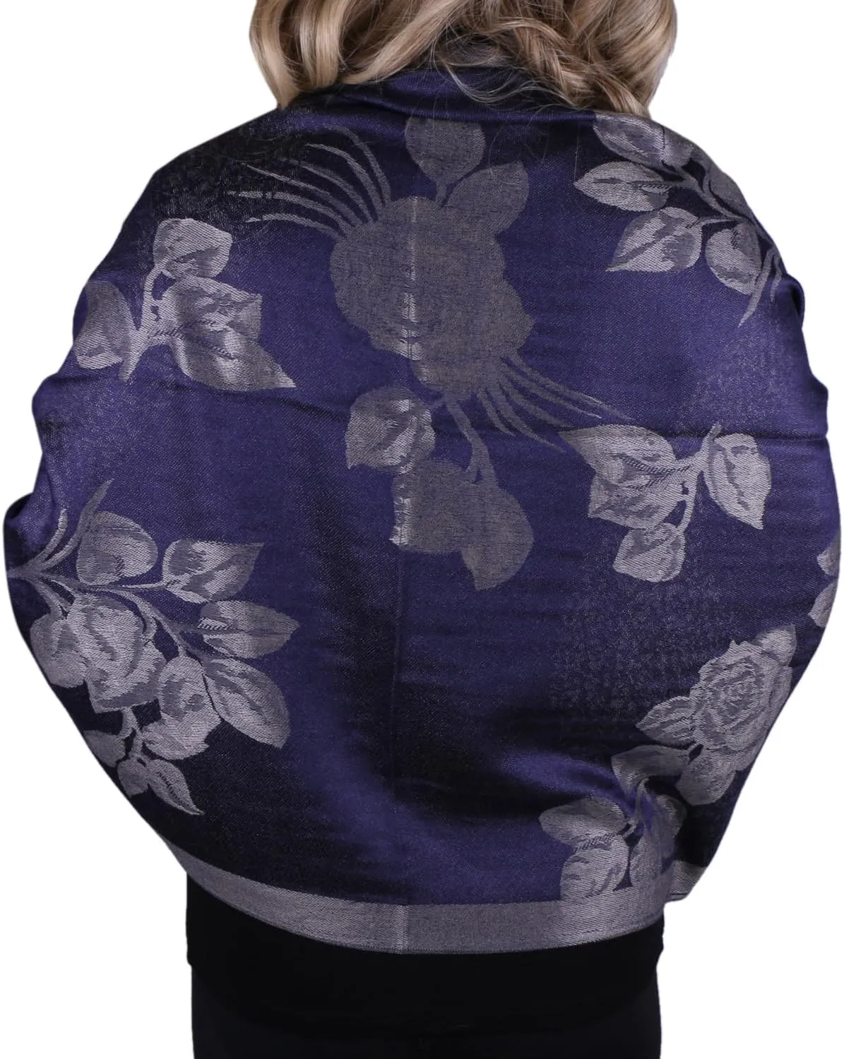 Women Soft Silky Pashmina Reversible Floral Rose Shawl Wrap Scarf w/Fringes