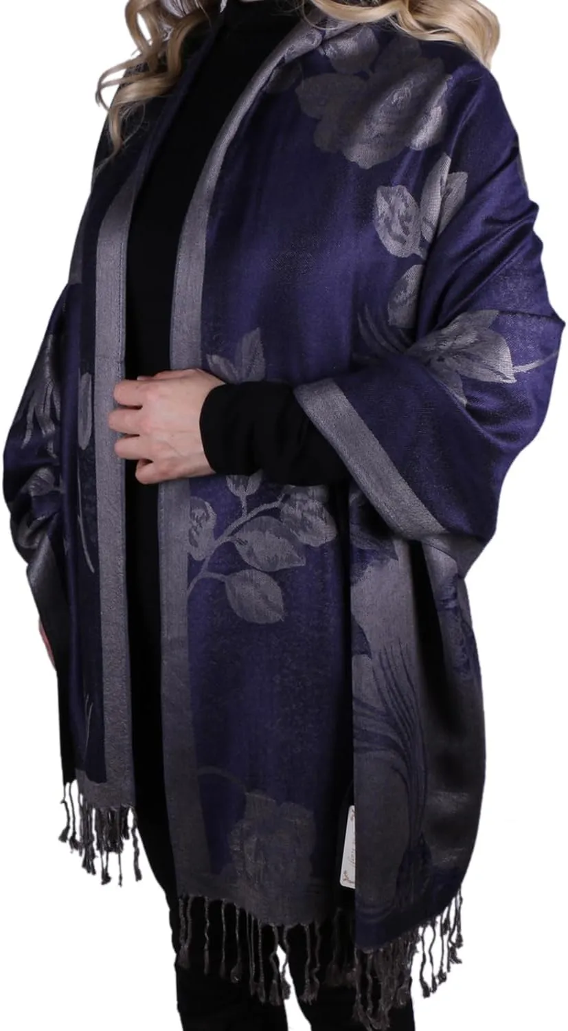 Women Soft Silky Pashmina Reversible Floral Rose Shawl Wrap Scarf w/Fringes